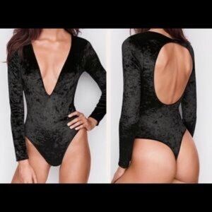 Victoria’s Secret black velvet body suit long sleeve deep v neck XS/S
